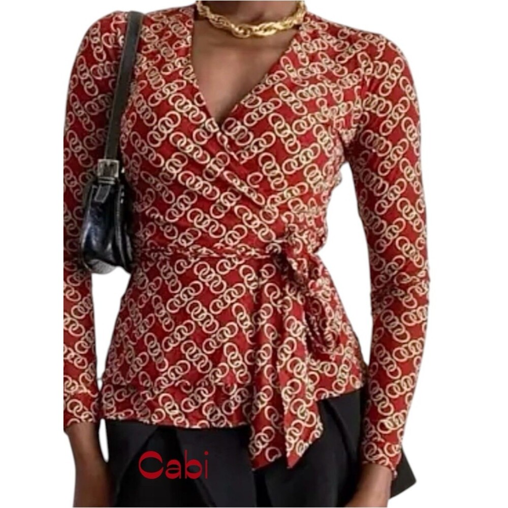 Cabi Rust Chain-Print Long Sleeve Wrap Top NWOT Size M Feminine